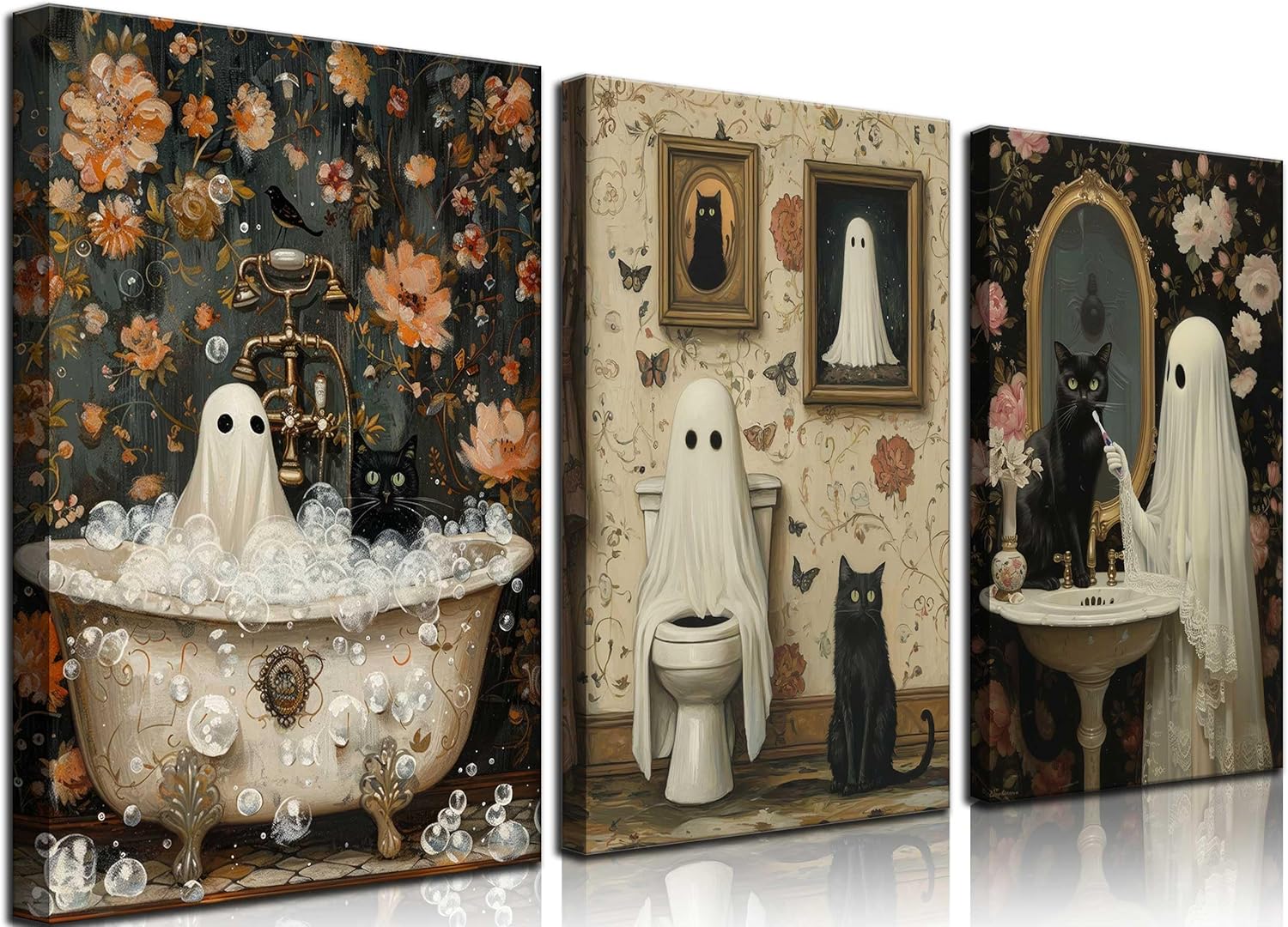 Direct shipping Dark Academia gift Halloween Ghosts Canvas Wall Art Ghost on ToiletBlack Cat Funny Gothic  - 副本