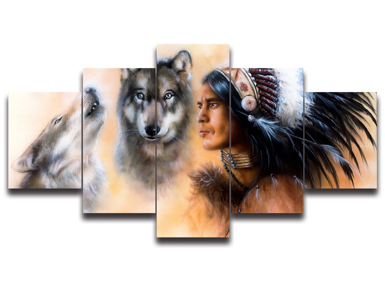 Indian Man In Ethnic Feather With Wolves Modern Landscape Posters Drop shipping - 副本