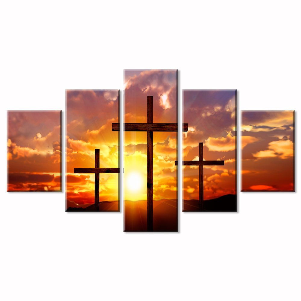  5 Panel Large HD Printed Painting Crosses at Sunset Wall Art Canvas Prints Art Dropshipping - 副本