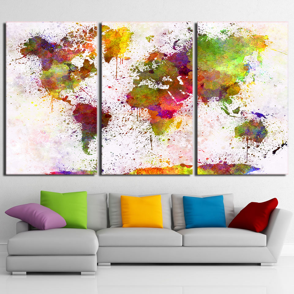 Abstract Pictures 3 Pieces Color World Map Paintings Wall Art Dropshipping - 副本