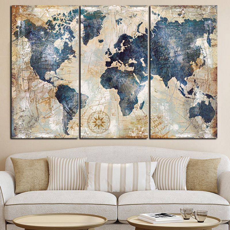 3 Panel Watercolor World Map Painting Print on Canvas Wall Painting Wall Decor Droshipping  - 副本