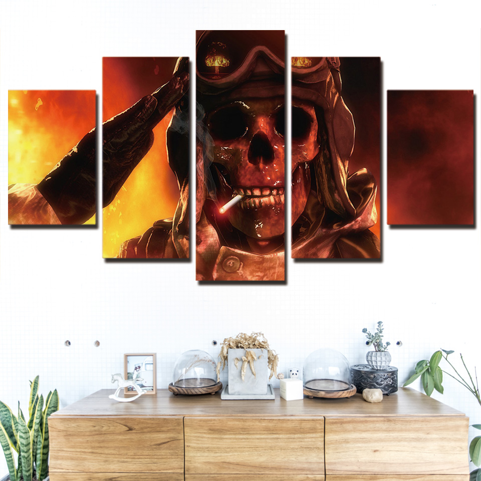 Fire Smoking Army Skull Painting Canvas Wall Art Poster Drop shipping