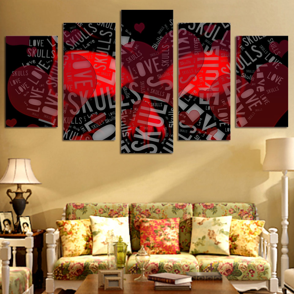 sweet pink red heart love skull white number  canvas art painting drop shipping