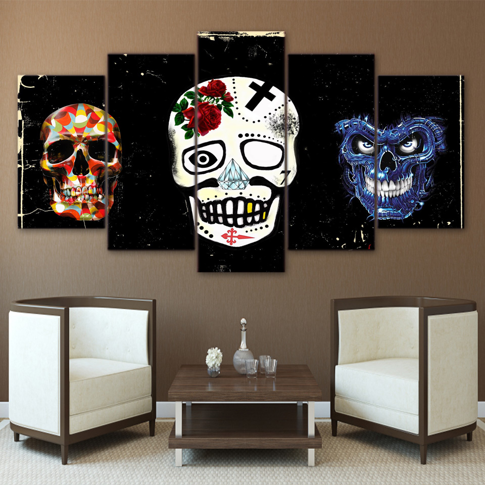 Black and white sugar skull rose painting canvas print wall art drop shipping