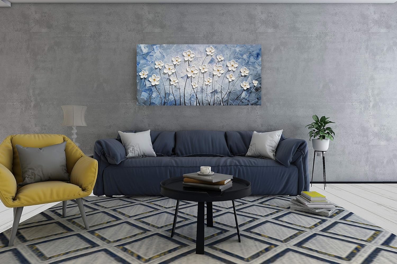 Blue and White Heavy Modern Abstract FlowerTextured Painting Floral Canvas Wall Art Drop shipping