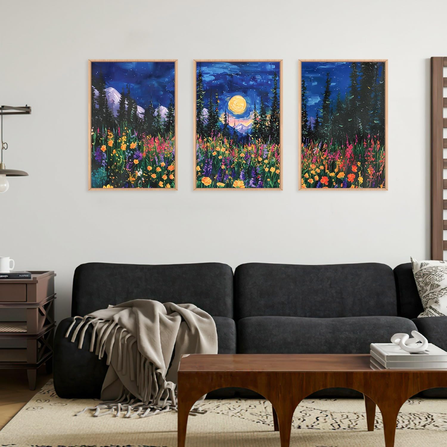 Midnight Moon Wildflower Mountain Canvas Wall Decor, Forest Nature , Floral Landscape Living Room, Bedroom, Office Art Print Drop shipping