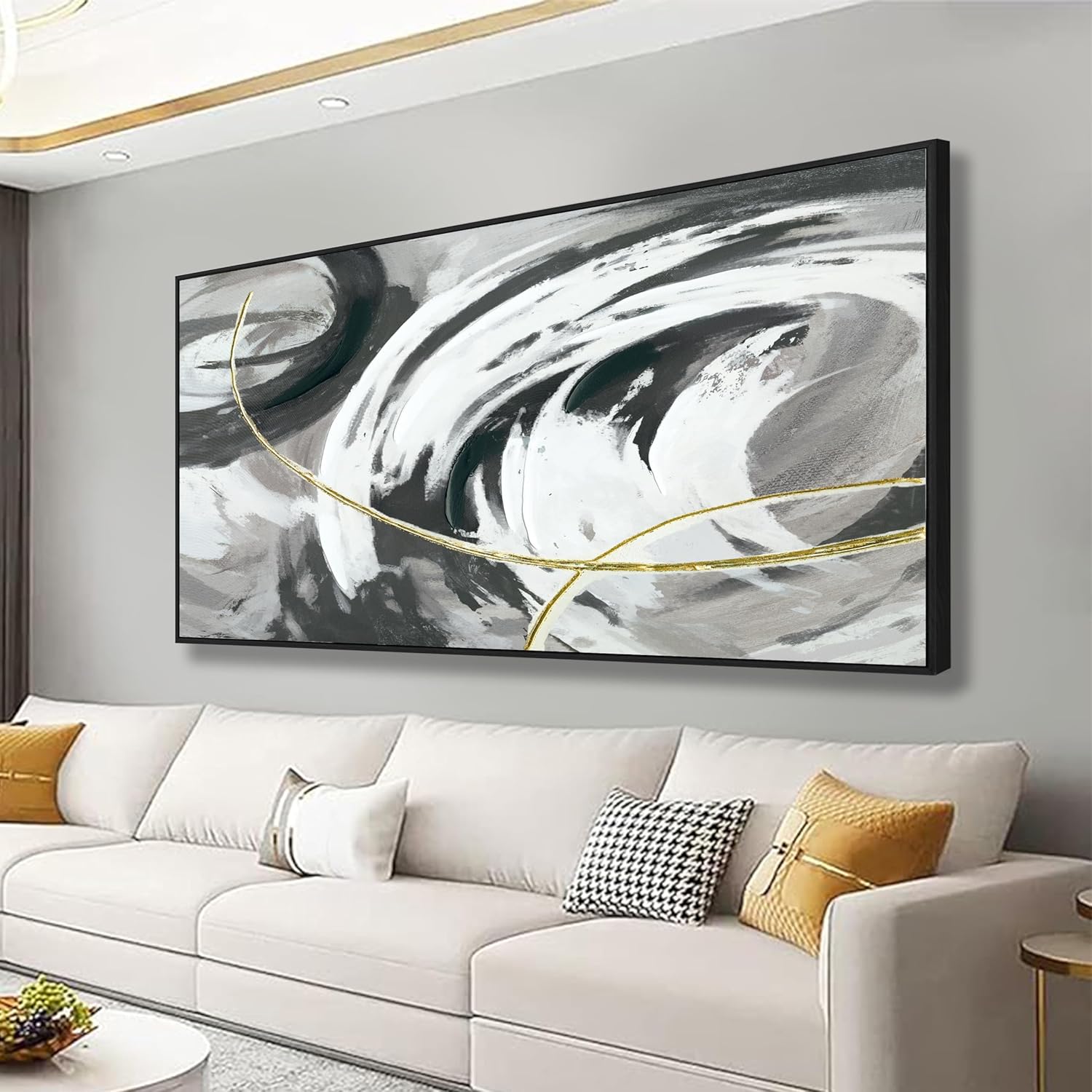 Black And White Modern Graffiti Golden Lines Simple Art Contemporary Wall art Bedroom Living Room Office print Direct shipping 