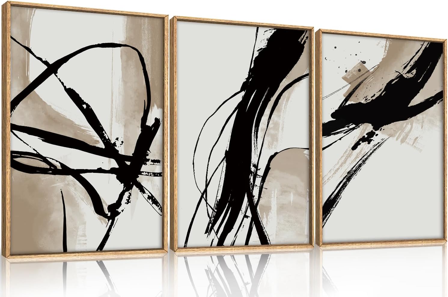 Large Black Ink Line Brown Brush Stroke Framed Canvas Living Room, Bedroom, Office wall decor paintint drop shipping