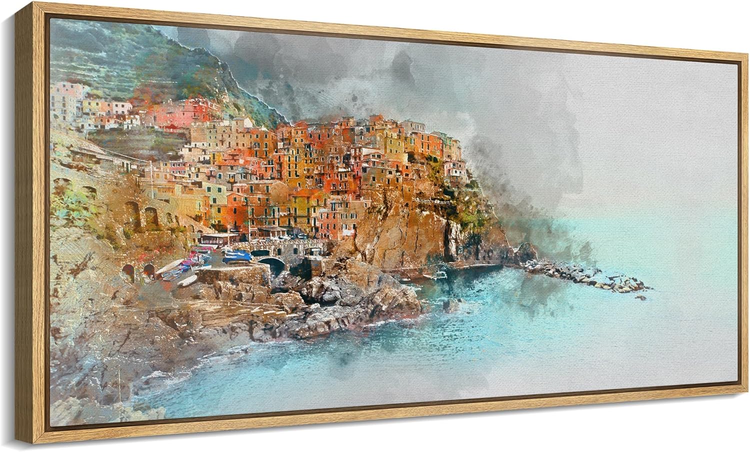 Drop shipping Coastal Town Vibrant Seaside Scene Illustrations Modern Art Living Room, Bedroom, Office 