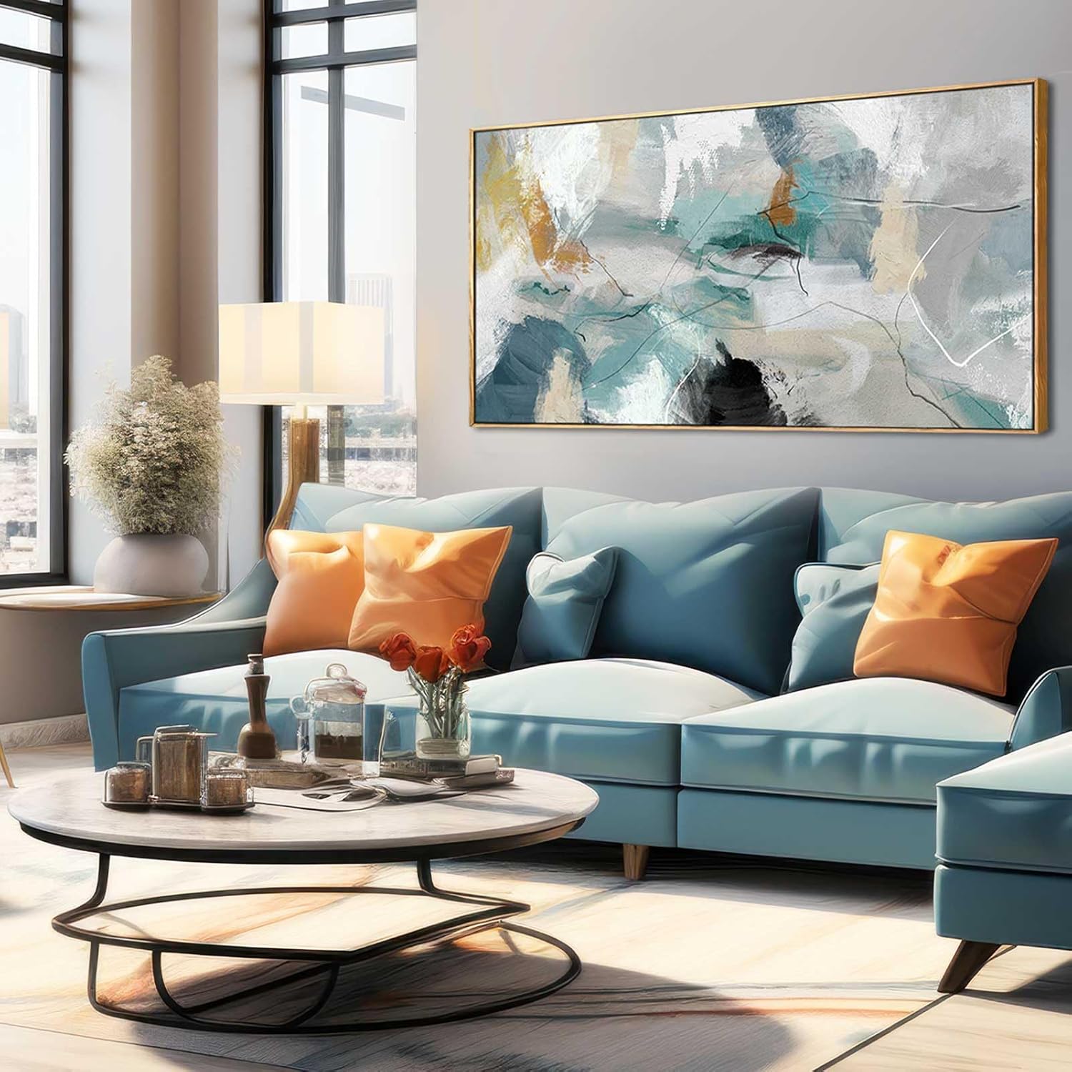   Modern Framed Teal Wall Art Abstract Paintings Room Decor for Bedroom Kitchen Office  drop shipping  