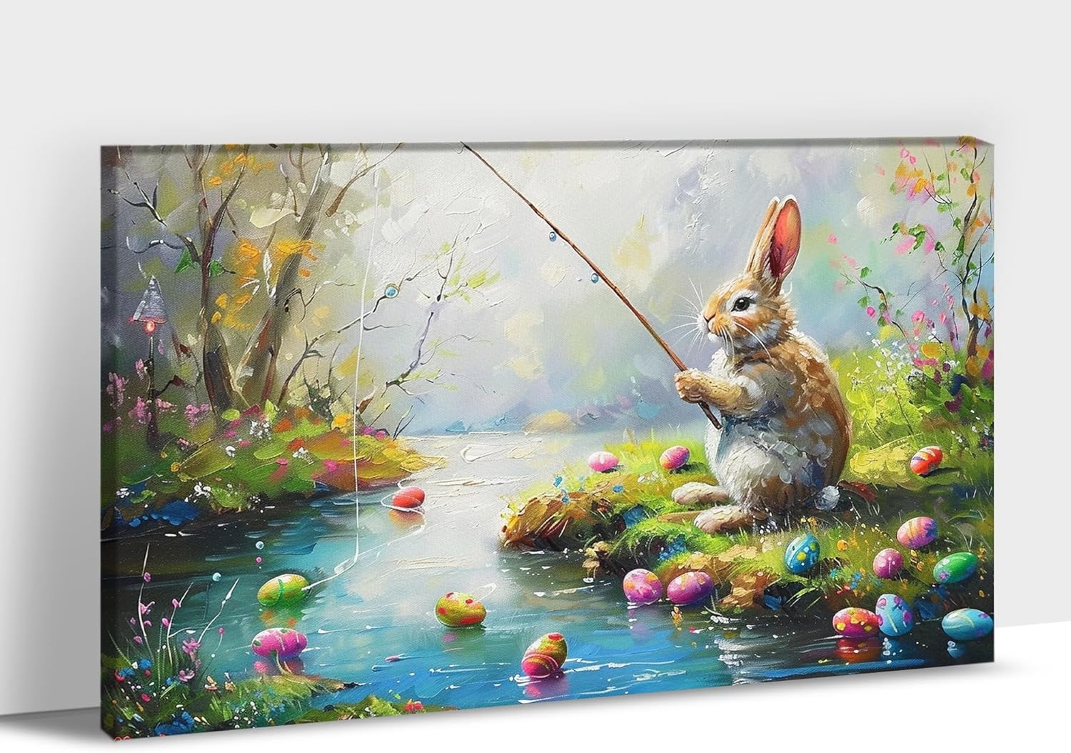 Easter Bunny is Fishing Framed Pictures Oil Painting for Wall Decor  Bedroom Drop shipping