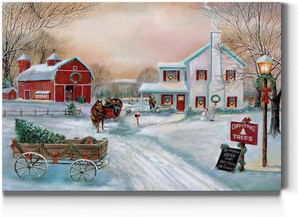 single piece shipping  gift Country Winter Scene with Red Barn, Charming Decorations, Premium Gallery Wrapped Canvas Decor