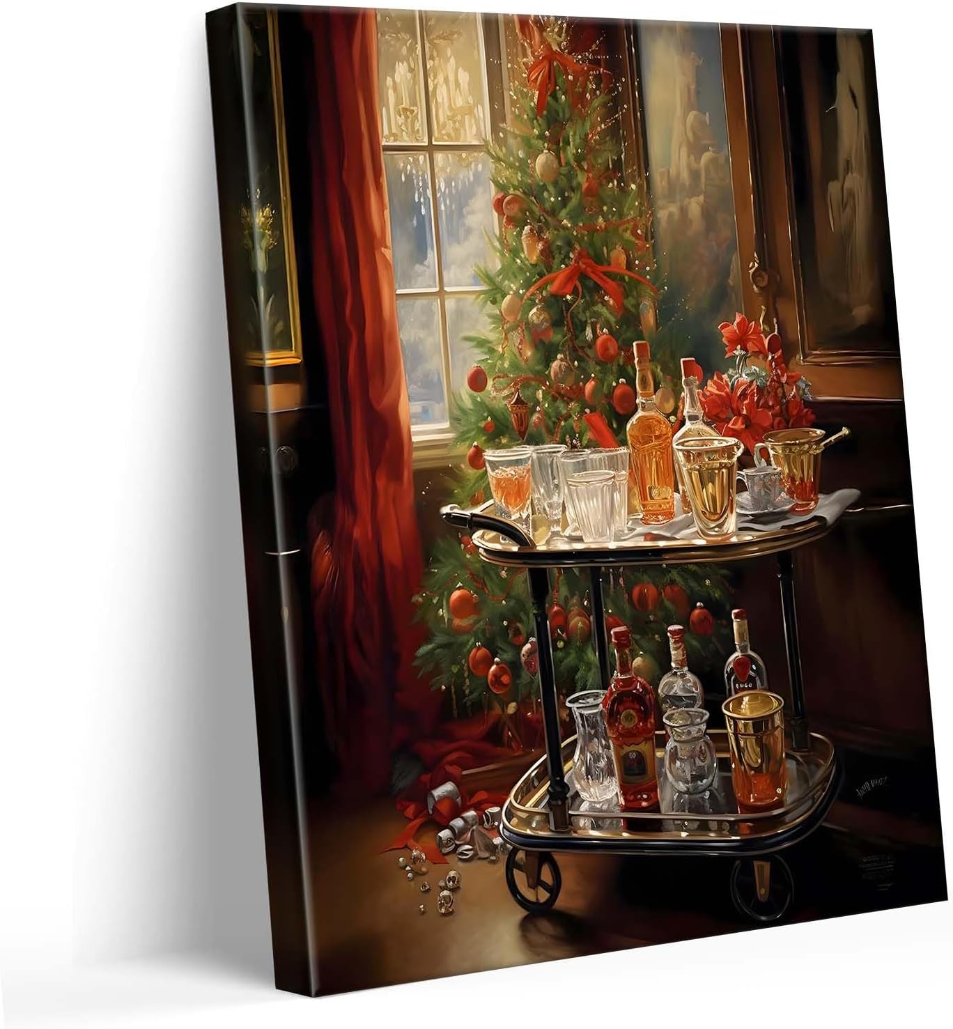 Elegant Christmas Tree with Red Wine Cart gift Pictures Print Canvas, Seasonal Wall Christmas Poster  Living Room, Dining Room, or Bar Area drop shipping