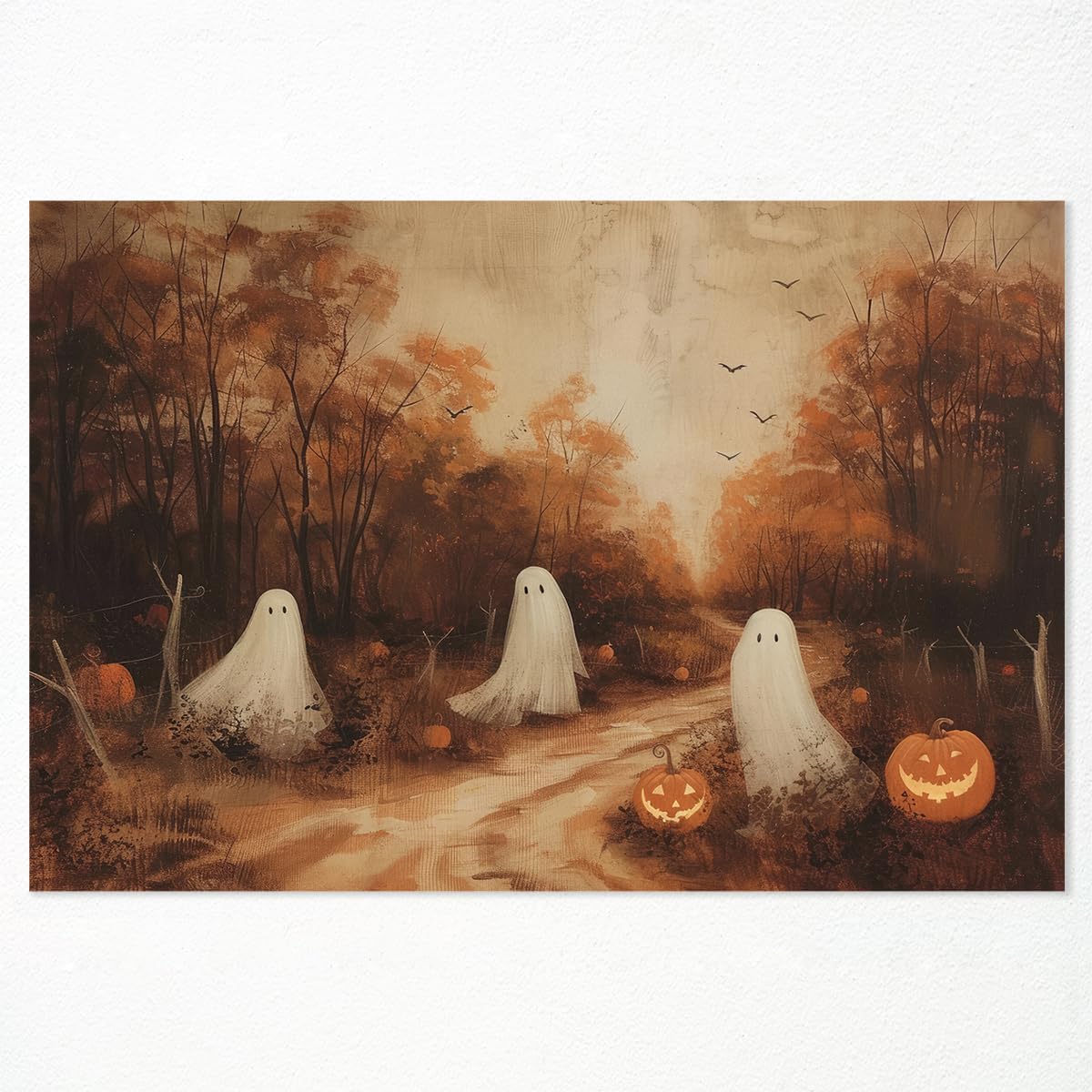 Spooky Halloween Rustic Ghost and Pumpkins Canvas gift Wall Art  drop shipping