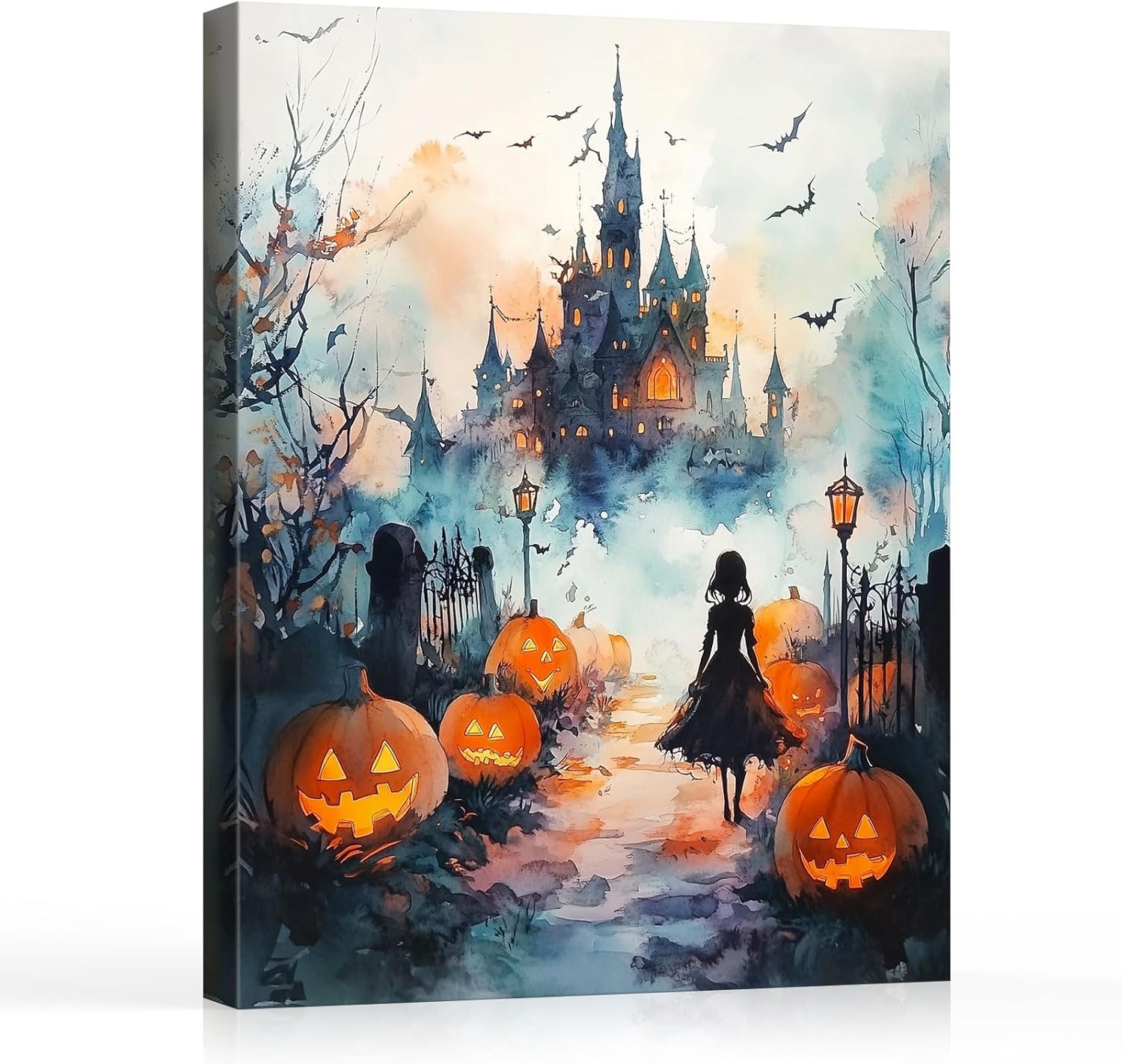 Direct shipping Halloween Haunted Castleand Eerie Pumpkins Night Canvas gift Wall Art Print