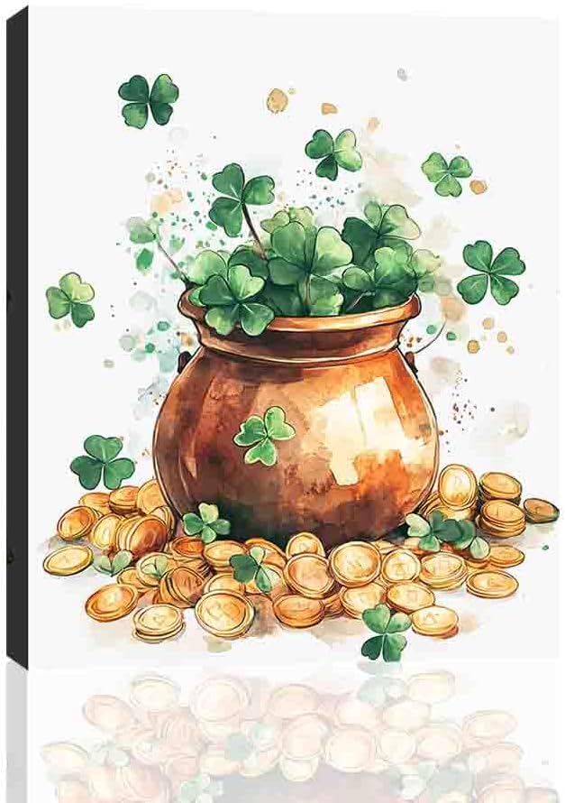 Golden Pot of Gold and Shamrocks Canvas gift Wall Art St. Patrick’s Day Wall Art  Canvas Wall Art Drop shipping