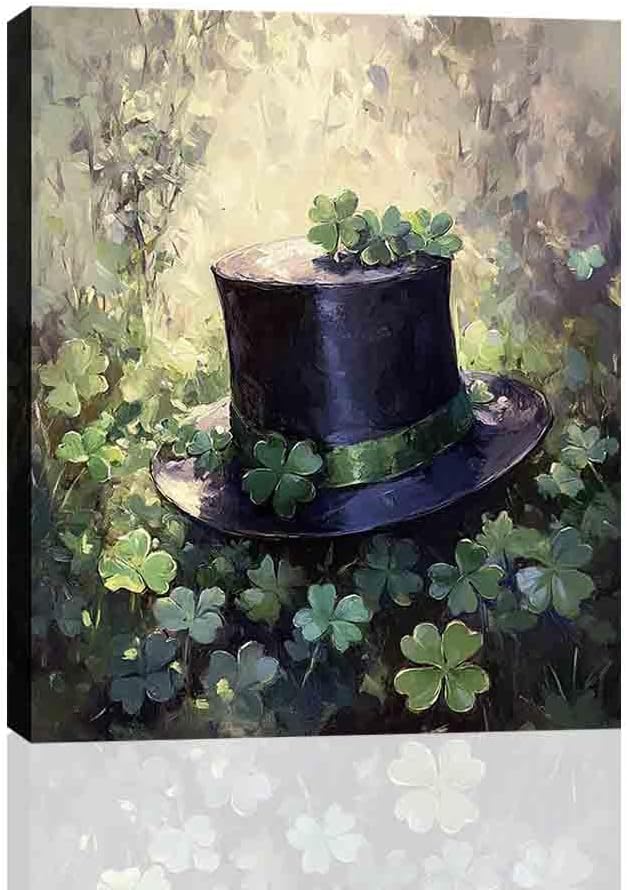 St Patrick's Day Prints Rustic Gift Shamrock and Clover Green Hat Canvas Wall Art Drop shipping