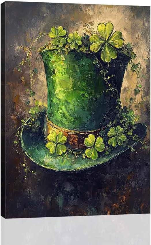 Green Hat Poster Shamrocks gift Four Leaves Clover St. Patrick's Day Picture Canvas wall art  Drop shipping