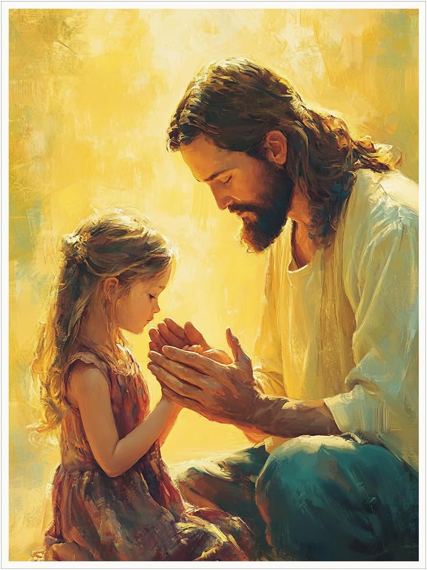 Giantic Easter Jesus holding little girl's hand and praying Canvas Wall Art Dropshipping