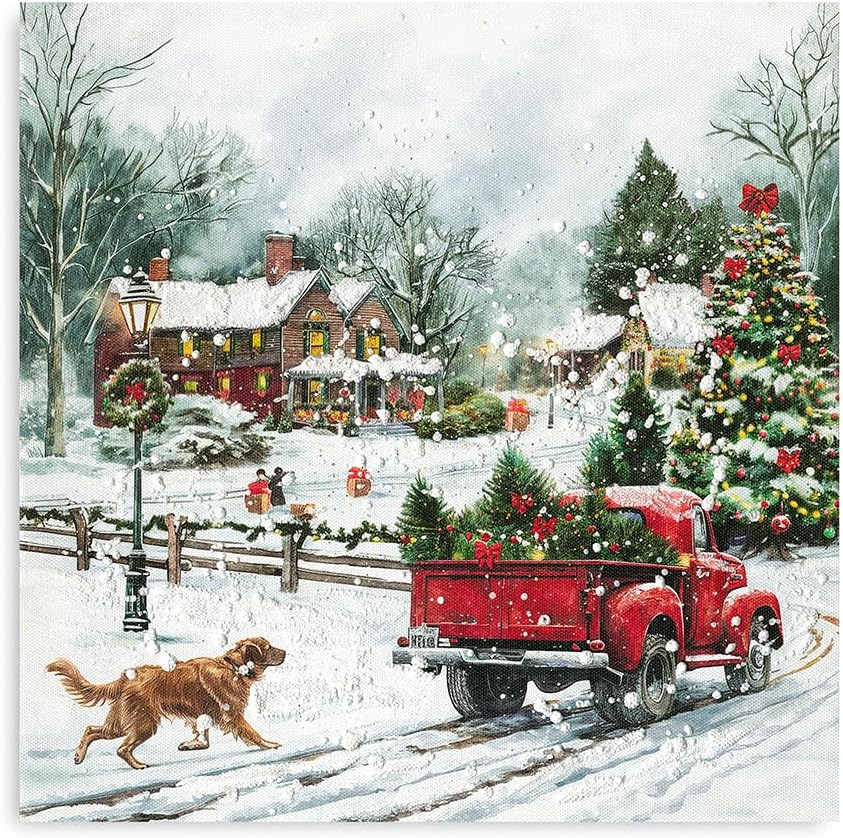 large Golden Retriever and Cottage Christmas Tree Covered in Snow with Red Pickup Truck Painting Winter Scene Picture Painting  Canvas Wall Art Drop shipping