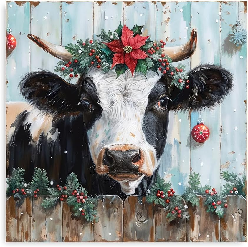 extra large Farmhouse Christmas Vintage Cow Pictures Canvas Wall Art Dropshipping