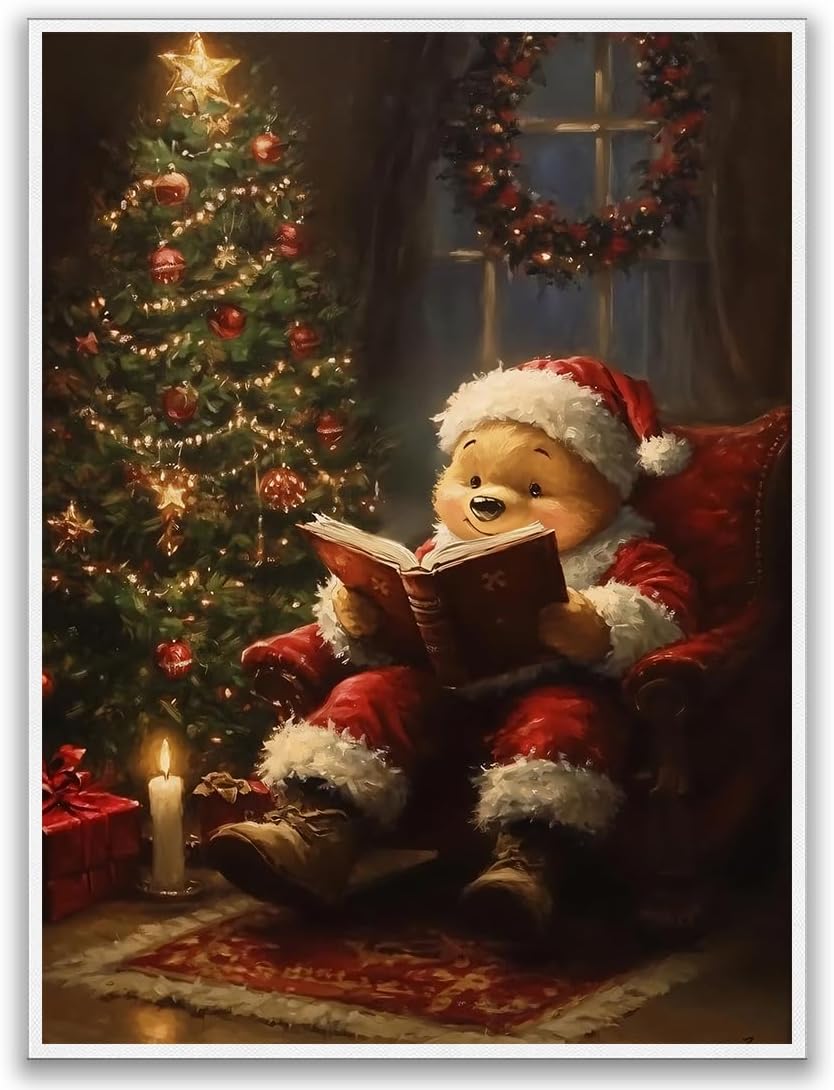 extra large Christmas Cute Santa Bear Reading Book Poster canva wall art Drop shipping